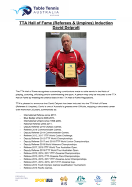 TTA Hall of Fame (Referees & Umpires) Induction David Delpratt