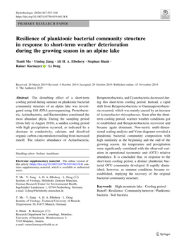 Resilience of Planktonic Bacterial Community Structure in Response to Short-Term Weather Deterioration During the Growing Season in an Alpine Lake