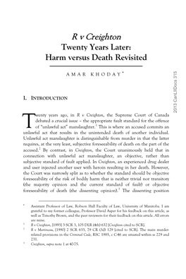 R V Creighton Twenty Years Later: Harm Versus Death Revisited