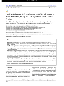 Head Lice Infestation (Pediculus Humanus Capitis) Prevalence and Its Associated Factors, Among the Kormanj Tribes in North Khorasan Province