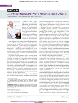 “Pepe” Baselga, MD, Phd: in Memoriam (1959–2021) Josep Tabernero1, David M