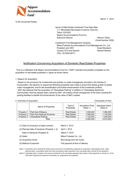 Notification Concerning Acquisition of Domestic Real Estate Properties