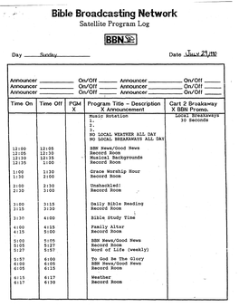 Bible Broadcasting Network Satellite Program Log IBBN~I