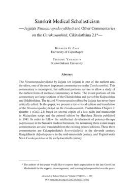 Sanskrit Medical Scholasticism —Jajjaṭa’S Nirantarapadavyākhyā and Other Commentaries on the Carakasaṃhitā, Cikitsāsthāna 2.1*—