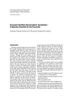 European Sawflies (Hymenoptera: Symphyta) - a Species Checklist for the Countries