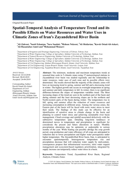 Spatial-Temporal Analysis of Temperature Trend and Its Possible Effects on Water Resources and Water Uses in Climatic Zones of Iran's Zayandehrud River Basin