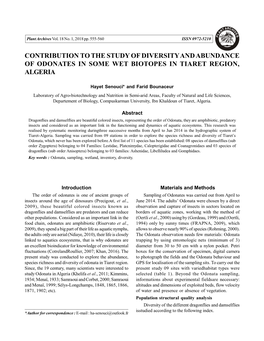 Contribution to the Study of Diversity and Abundance of Odonates in Some Wet Biotopes in Tiaret Region, Algeria