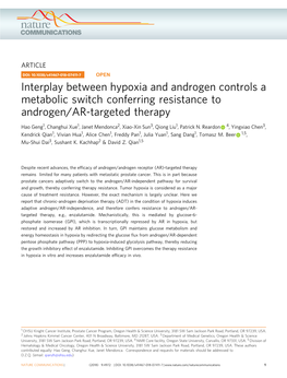 Interplay Between Hypoxia and Androgen Controls a Metabolic Switch Conferring Resistance to Androgen/AR-Targeted Therapy