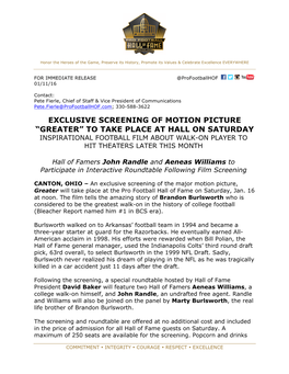 Exclusive Screening of Motion Picture “Greater” to Take Place at Hall on Saturday Inspirational Football Film About Walk-On Player to Hit Theaters Later This Month