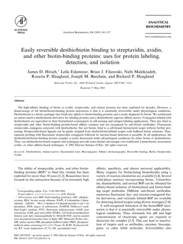 Easily Reversible Desthiobiotin Binding to Streptavidin, Avidin, and Other Biotin-Binding Proteins: Uses for Protein Labeling, Detection, and Isolation