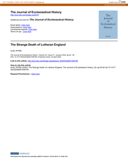 The Journal of Ecclesiastical History the Strange Death of Lutheran