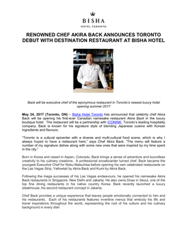 Renowned Chef Akira Back Announces Toronto Debut with Destination Restaurant at Bisha Hotel
