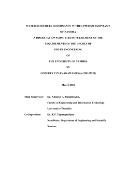 Water Resources Governance in the Upper Swakop Basin of Namibia a Dissertation Submitted in Fulfilment of the Requirements of T