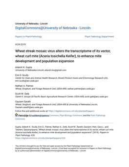 Wheat Streak Mosaic Virus Alters the Transcriptome of Its Vector, Wheat Curl Mite (Aceria Tosichella Keifer), to Enhance Mite Development and Population Expansion