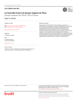 La Nouvelle-France De Jacque-Auguste De Thou Jacque-Auguste De Thou's New France Roger Le Moine