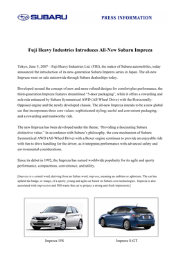 FHI Introduces All-New Subaru Impreza
