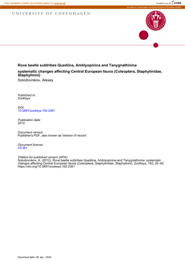University of Copenhagen (Part of the Danish Natural History Museum), Denmark Rove Beetle Subtribes Quediina, Amblyopinina and Tanygnathinina