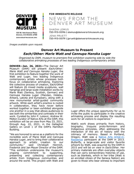 Denver Art Museum to Present Each/Other: Marie Watt and Cannupa Hanska Luger