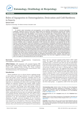 Roles of Aquaporins in Osmoregulation, Desiccation and Cold Hardiness in Insects Ephraim Cohen* Department of Entomology, the Hebrew University of Jerusalem, Israel