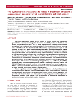 The Systemic Tumor Response to Rnase a Treatment Affects the Expression of Genes Involved in Maintaining Cell Malignancy