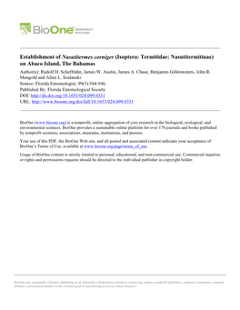 Establishment of Nasutitermes Corniger (Isoptera: Termitidae: Nasutitermitinae) on Abaco Island, the Bahamas Author(S): Rudolf H