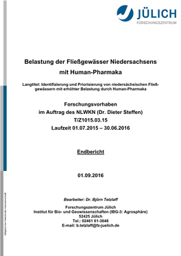Belastung Der Fließgewässer Niedersachsens Mit Human-Pharmaka