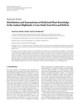 Research Article Distribution and Transmission of Medicinal Plant Knowledge in the Andean Highlands: a Case Study from Peru and Bolivia