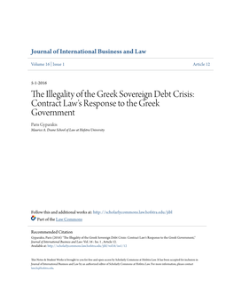 The Illegality of the Greek Sovereign Debt Crisis: Contract Law's Response to the Greek Government Paris Gyparakis Maurice A