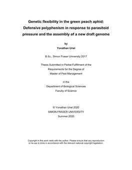 Genetic Flexibility in the Green Peach Aphid: Defensive Polyphenism in Response to Parasitoid Pressure and the Assembly of a New Draft Genome