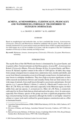 Acmena, Acmenosperma, Cleistocalyx, PILIOCALYX and Waterhousea FORMALLY TRANSFERRED to Syzygium (Myrtaceae)