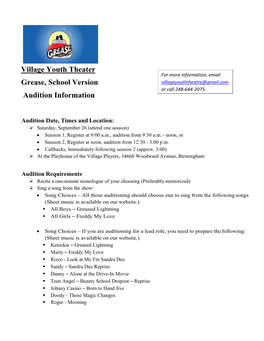 Village Youth Theater Grease, School Version Audition Information