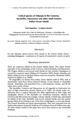 Critical Species of Odonata in the Comoros, Seychelles, Mascarenes and Other Small Western Indian Ocean Islands