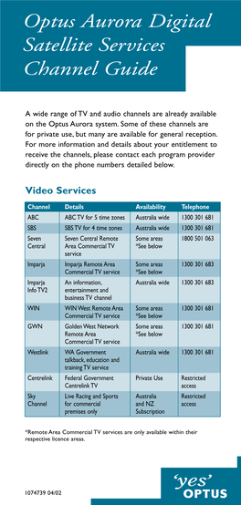 Optus Aurora Digital Satellite Services Channel Guide