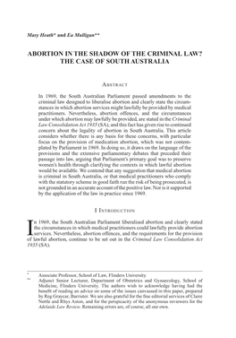 Abortion in the Shadow of the Criminal Law? the Case of South Australia