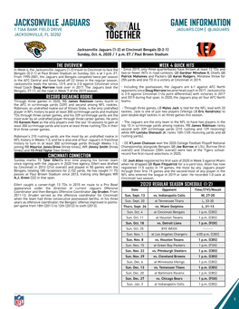 Jacksonville Jaguars Game Information 1 Tiaa Bank Field Drive Jaguars.Com | @Jaguars Jacksonville, Fl 32202