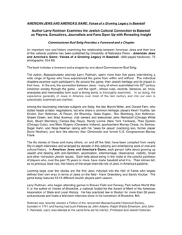 Author Larry Ruttman Examines the Jewish Cultural Connection to Baseball As Players, Executives, Journalists and Fans Open up with Revealing Insight