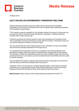 Accc Ruling on Supermarket Ownership Welcome