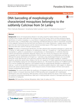 DNA Barcoding of Morphologically Characterized Mosquitoes