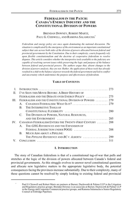 273 Federalism in the Patch: Canada's Energy Industry and the Constitutional Division of Powers I. Introduction