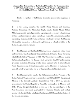 Minutes of the First Meeting of the National Committee For