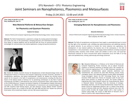 Joint Seminars on Nanophotonics, Plasmonics and Metasurfaces Friday 21.04.2017, 11:00 and 14:00