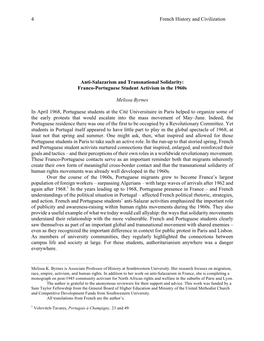 French History and Civilization 4 Anti-Salazarism and Transnational Solidarity: Franco-Portuguese Student Activism in the 1960S