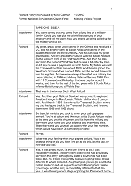 Richard Henry Interviewed by Mike Cadman 19/09/07 Former National Serviceman Citizen Force Missing Voices Project