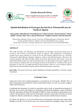 Spatial Distribution of Geotrogus Deserticola at Tissemessilt Area in North of Algeria