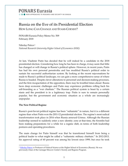 Russia on the Eve of Its Presidential Election HOW LONG CAN CHANGE and STASIS COEXIST?
