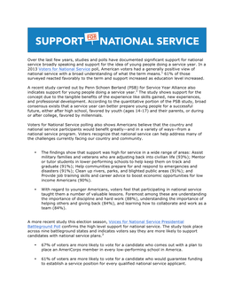 Over the Last Few Years, Studies and Polls Have Documented Significant Support for National Service Broadly Speaking and Support