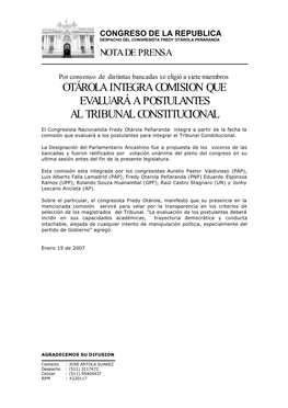 Otárola Integra Comision Que Evaluará a Postulantes Al Tribunal Constitucional