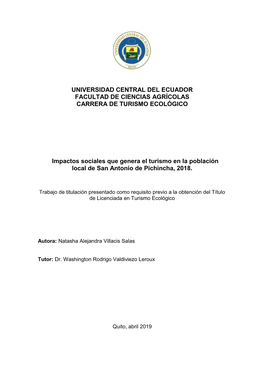 Universidad Central Del Ecuador Facultad De Ciencias Agrícolas Carrera De Turismo Ecológico