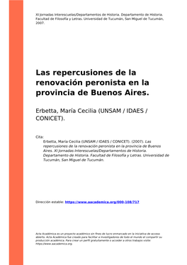 Las Repercusiones De La Renovación Peronista En La Provincia De Buenos Aires