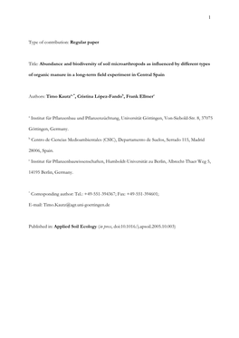 Abundance and Biodiversity of Soil Microarthropods As Influenced by Different Types of Organic Manure in a Long-Term Field Experiment in Central Spain